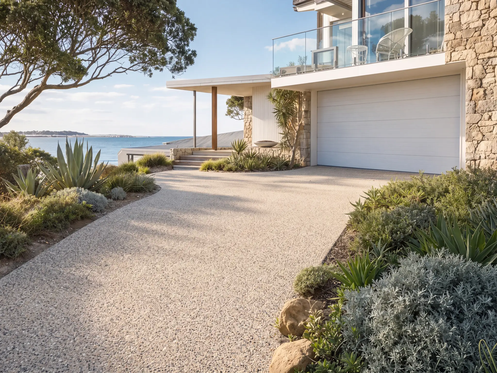 Exposed aggregate concrete driveway at a coastal Perth home