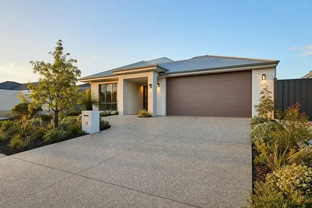 Exposed aggregate concrete driveway on a modern Perth home